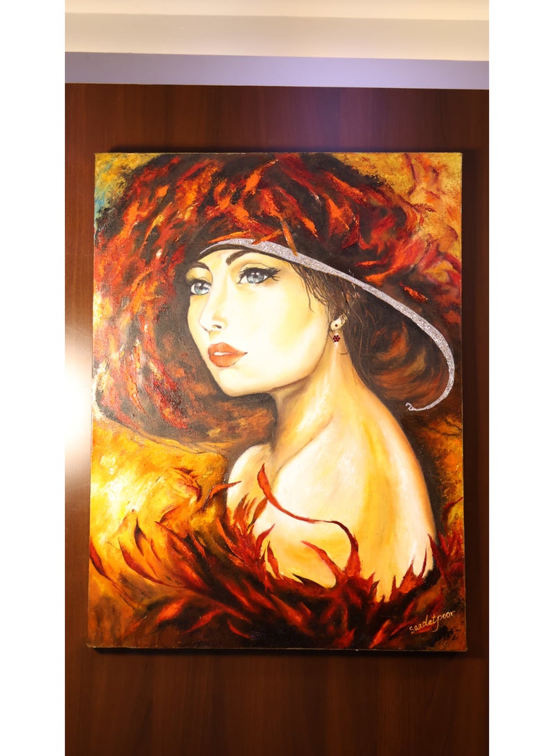 Mixed Media Artwork "Fire Girl" - Oil, Resin & Crystal - 60x80 cm - Image 1