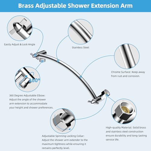 Hibbent All Metal 10 Shower Head Extension Arm Solid Brass Flexible Height Angle Adjustable Shower Arm Extender with Lock Joint Universal Connection Stainless Steel Pipe Height Extending Chrome - Image 3