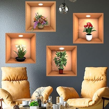 VINSU New Creative Simulation Green Plant Potted 3D Wall Stickers Living Room Study Office Waterproof Decorative Stickers Peel Stick Wall Sticker 3D Flower Vase Wall Stickers30CmX30Cm Pack of 4