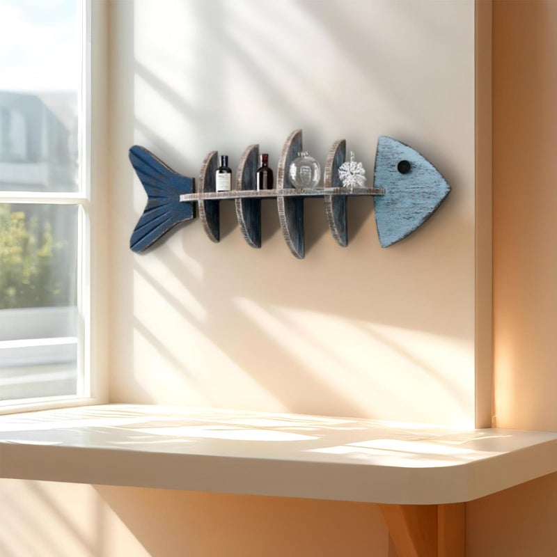 huulmood Wooden Fish Wall Shelf, Wood Fish Beach Decor Display Shelf, Nautical Coastal Style Wall - Mounted Organizer in Bedroomï¼ŒLiving Roomï¼ŒLake House, Bathroom - Image 3
