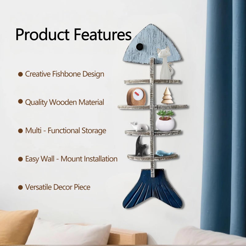 huulmood Wooden Fish Wall Shelf, Wood Fish Beach Decor Display Shelf, Nautical Coastal Style Wall - Mounted Organizer in Bedroomï¼ŒLiving Roomï¼ŒLake House, Bathroom - Image 2