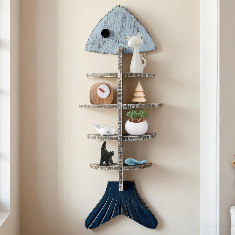 huulmood Wooden Fish Wall Shelf, Wood Fish Beach Decor Display Shelf, Nautical Coastal Style Wall - Mounted Organizer in Bedroomï¼ŒLiving Roomï¼ŒLake House, Bathroom - Image 1