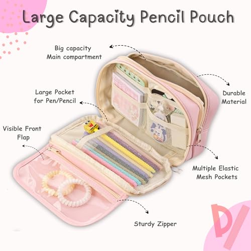 FINEMOE Large Capacity 9-Layer Canvas Pencil Pouch for Girls & Boys, Multipurpose Aesthetic Pouch for Stationery Items, Makeup, Accessories, College Essentials for Students, Gift for Kids (Pink) - Image 2