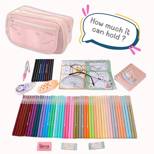 FINEMOE Large Capacity 9-Layer Canvas Pencil Pouch for Girls & Boys, Multipurpose Aesthetic Pouch for Stationery Items, Makeup, Accessories, College Essentials for Students, Gift for Kids (Pink) - Image 5