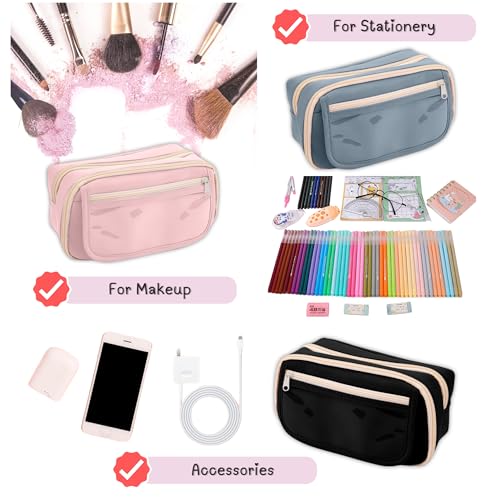 FINEMOE Large Capacity 9-Layer Canvas Pencil Pouch for Girls & Boys, Multipurpose Aesthetic Pouch for Stationery Items, Makeup, Accessories, College Essentials for Students, Gift for Kids (Pink) - Image 3