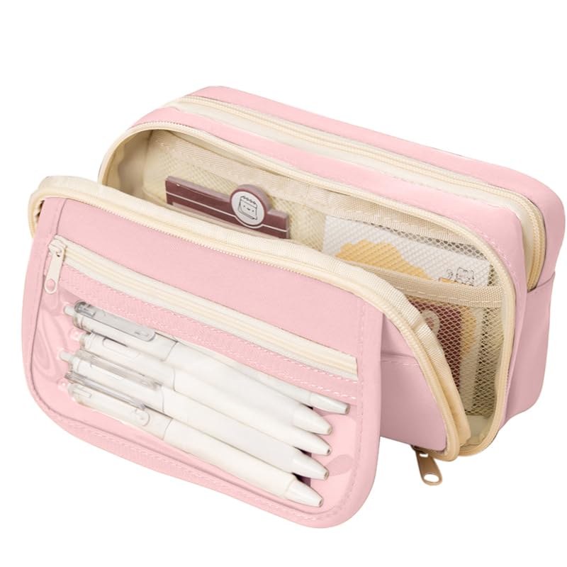 FINEMOE Large Capacity 9-Layer Canvas Pencil Pouch for Girls & Boys, Multipurpose Aesthetic Pouch for Stationery Items, Makeup, Accessories, College Essentials for Students, Gift for Kids (Pink) - Image 1