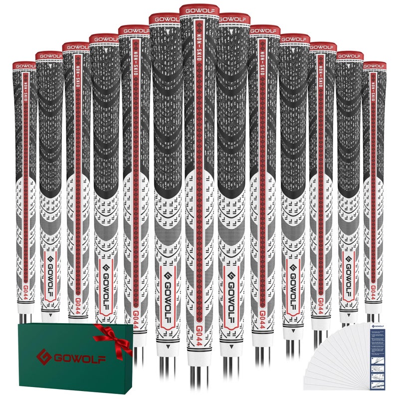 Gowolf Cross Corded Rubber Golf Grips 13 Pack, Back Rib Improved Control Multi-compound Hybrid Golf Club Grips, with Free 15 Tapes (Red+White, Midsize) - Image 1