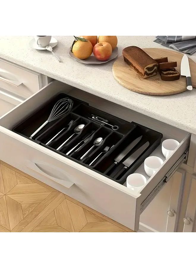 Black Expandable Drawer Organizer With Adjustable Utensil Tray And 4 Tier Shelves - Image 1