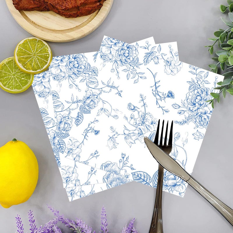 HSPAIDYP 100 Pack Blue Floral Cocktail Napkins Blue and White Floral Toile Paper Napkins Blue Floral Paper Napkins for Bridal Baby Shower,Tea Garden Party,Blue Floral Birthday Party Supplies Decor (Blue) - Image 4