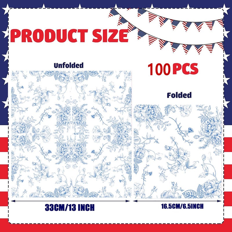HSPAIDYP 100 Pack Blue Floral Cocktail Napkins Blue and White Floral Toile Paper Napkins Blue Floral Paper Napkins for Bridal Baby Shower,Tea Garden Party,Blue Floral Birthday Party Supplies Decor (Blue) - Image 2