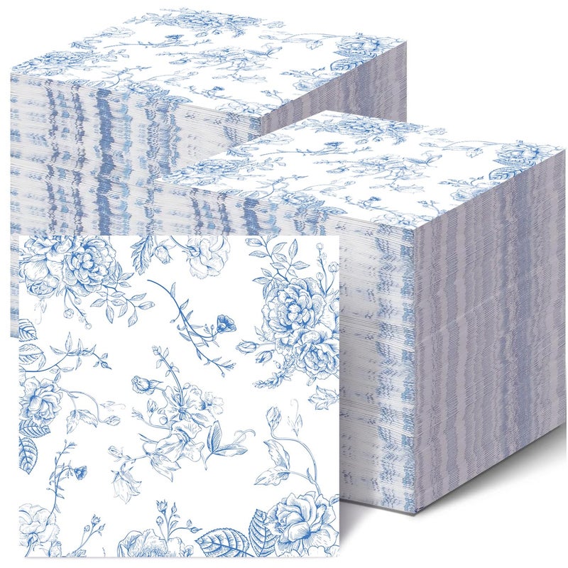 HSPAIDYP 100 Pack Blue Floral Cocktail Napkins Blue and White Floral Toile Paper Napkins Blue Floral Paper Napkins for Bridal Baby Shower,Tea Garden Party,Blue Floral Birthday Party Supplies Decor (Blue) - Image 1