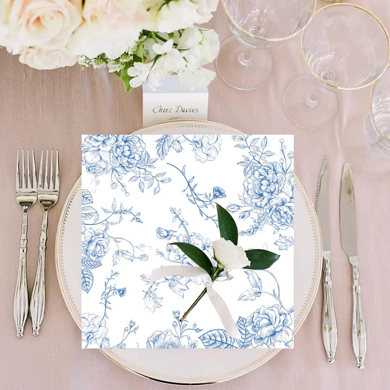 HSPAIDYP 100 Pack Blue Floral Cocktail Napkins Blue and White Floral Toile Paper Napkins Blue Floral Paper Napkins for Bridal Baby Shower,Tea Garden Party,Blue Floral Birthday Party Supplies Decor (Blue) - Image 5