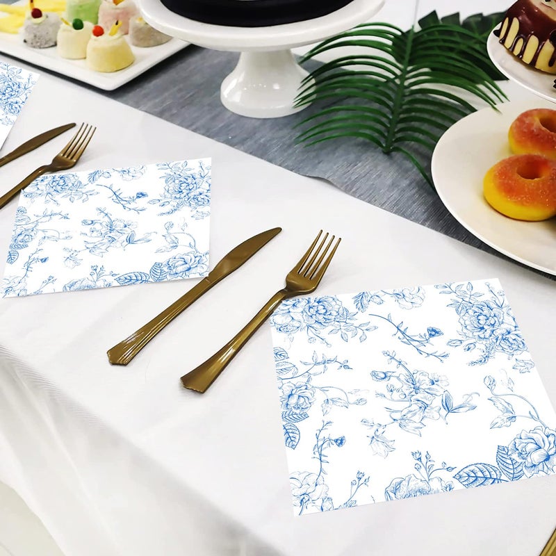 HSPAIDYP 100 Pack Blue Floral Cocktail Napkins Blue and White Floral Toile Paper Napkins Blue Floral Paper Napkins for Bridal Baby Shower,Tea Garden Party,Blue Floral Birthday Party Supplies Decor (Blue) - Image 3