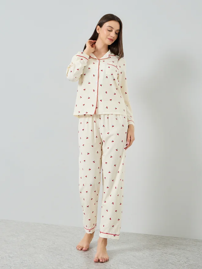 Styli Styli Beige Cherry Print Long Sleeve Shirt and Pyjama Set