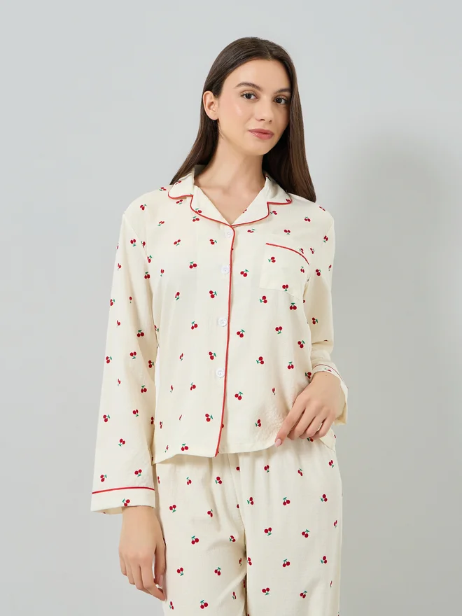Styli Styli Beige Cherry Print Long Sleeve Shirt and Pyjama Set