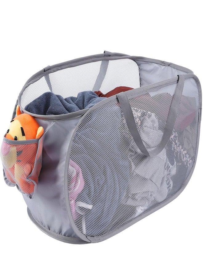 Kimmama Large Collapsible Mesh Laundry Basket,Foldable Pop Up Laundry Hamper with Side Pocket,Grey,58x30x30cm - Image 1