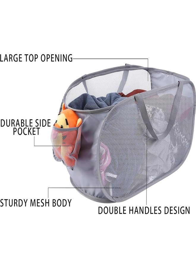 Kimmama Large Collapsible Mesh Laundry Basket,Foldable Pop Up Laundry Hamper with Side Pocket,Grey,58x30x30cm - Image 3