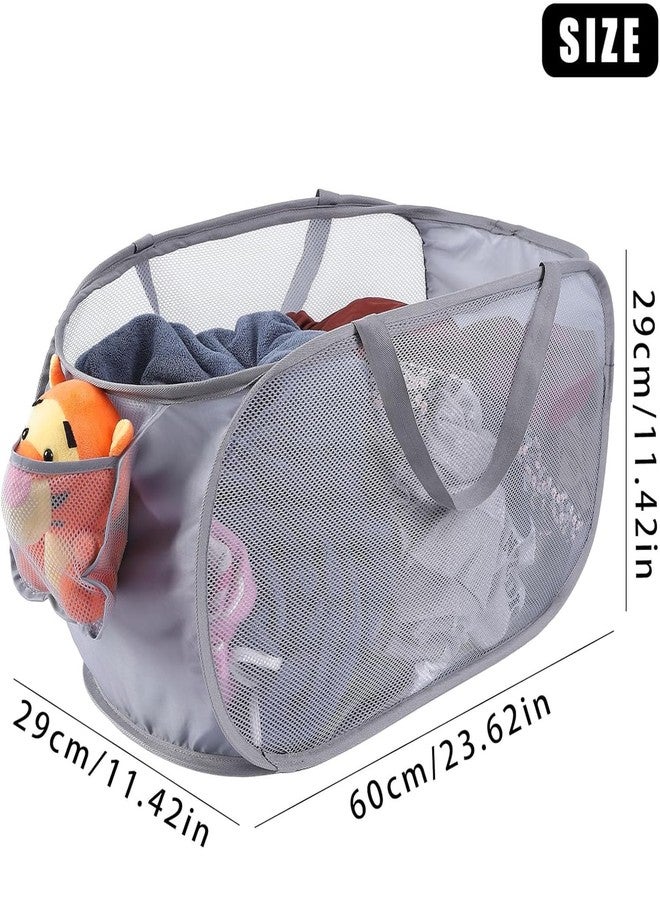 Kimmama Large Collapsible Mesh Laundry Basket,Foldable Pop Up Laundry Hamper with Side Pocket,Grey,58x30x30cm - Image 2