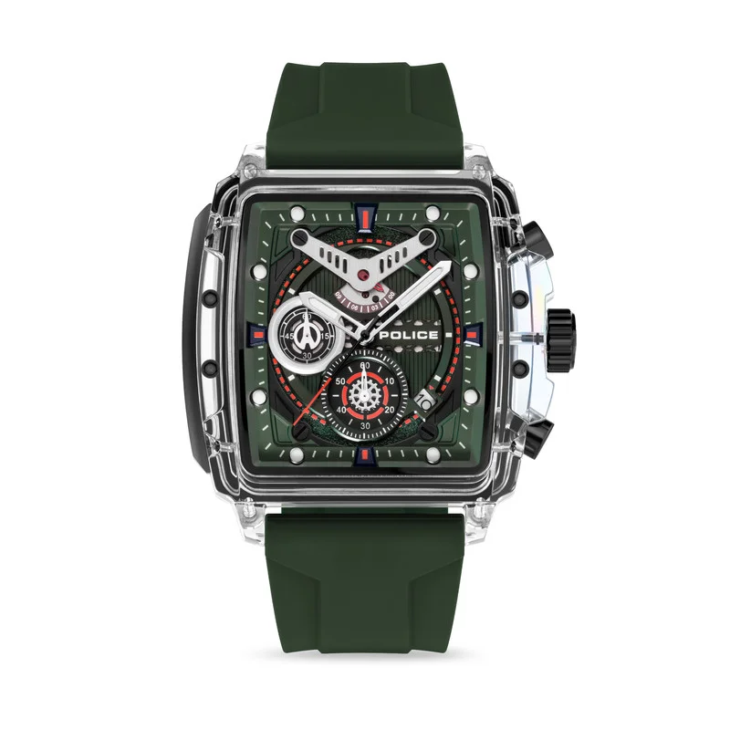 POLICE Clout Green Dial Green Silicone Strap Gents Chronograph Watch With Nylon Fiber Case