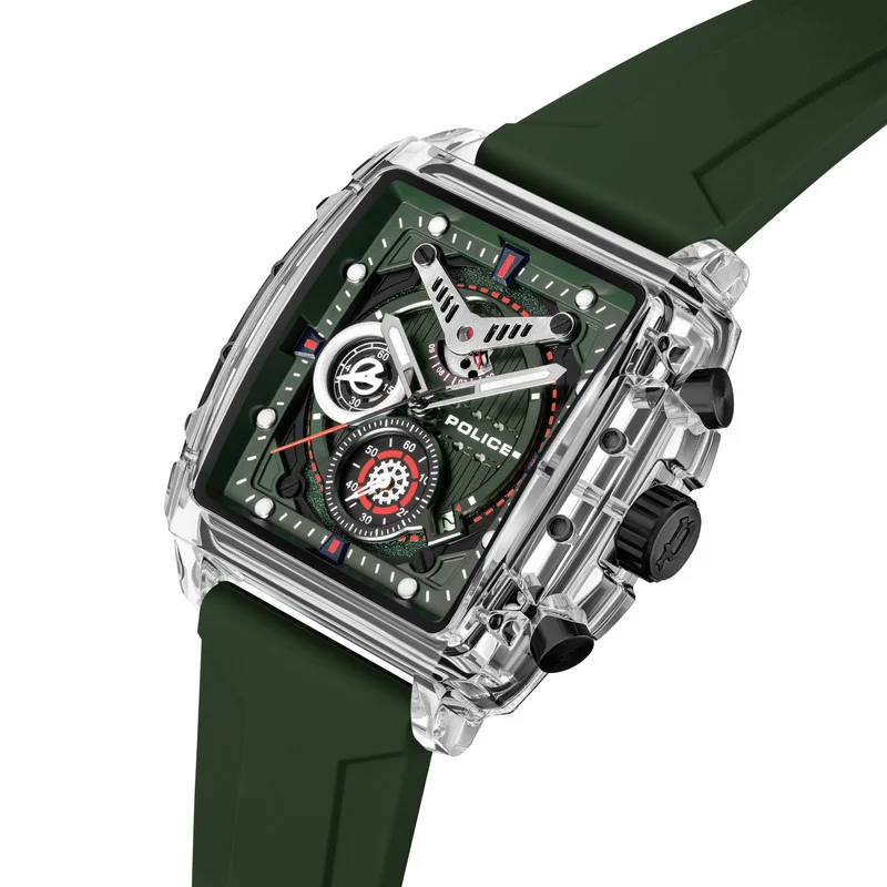 POLICE Clout Green Dial Green Silicone Strap Gents Chronograph Watch With Nylon Fiber Case