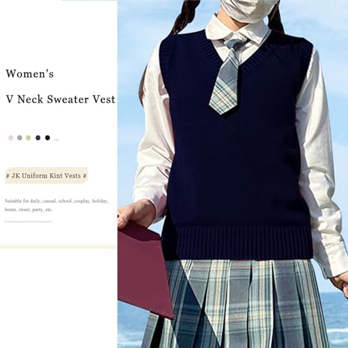 ZUEVI Women's Sweater Vest Classic V Neck Uniform Pullover Knitwear Tops Sleeveless Knitted Sweaters Vests(Navy-L) - Image 2