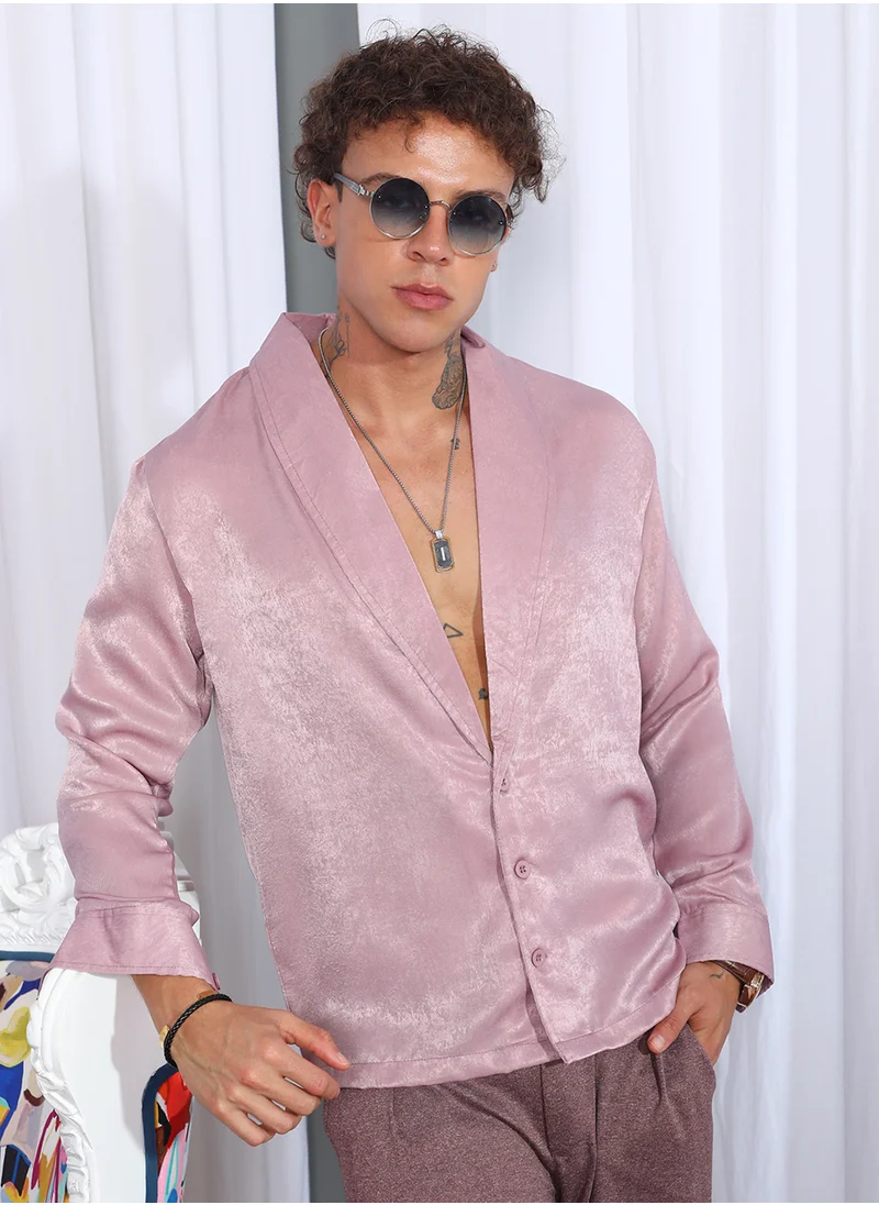 Campus Sutra Campus Sutra Men's Flamingo Pink Shawl Collar Shirt For Casual Wear | Shawl Collar | Long Sleeve | Button Closure | Shirt Crafted With Comfort Fit For Everyday Wear