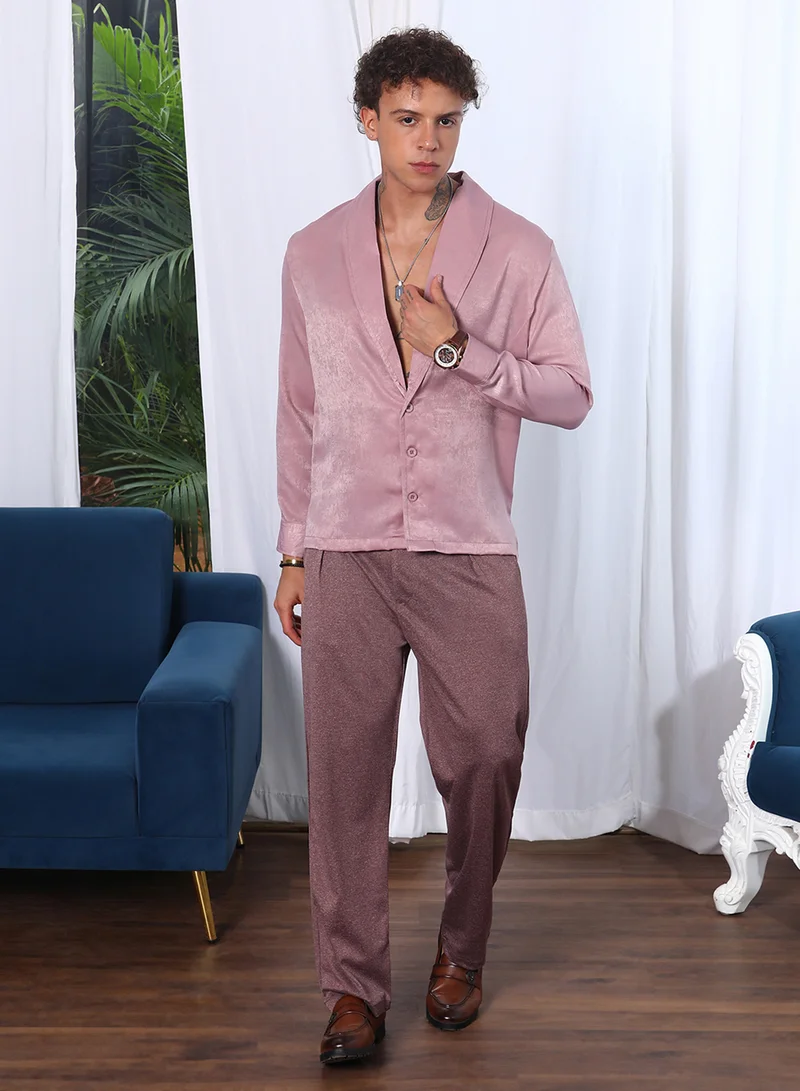 Campus Sutra Campus Sutra Men's Flamingo Pink Shawl Collar Shirt For Casual Wear | Shawl Collar | Long Sleeve | Button Closure | Shirt Crafted With Comfort Fit For Everyday Wear