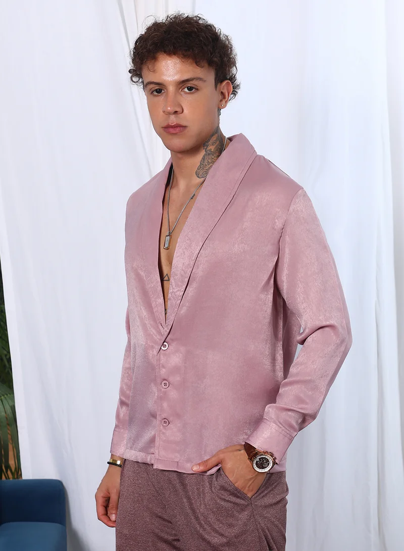 Campus Sutra Campus Sutra Men's Flamingo Pink Shawl Collar Shirt For Casual Wear | Shawl Collar | Long Sleeve | Button Closure | Shirt Crafted With Comfort Fit For Everyday Wear