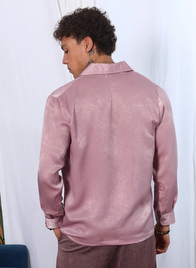 Campus Sutra Campus Sutra Men's Flamingo Pink Shawl Collar Shirt For Casual Wear | Shawl Collar | Long Sleeve | Button Closure | Shirt Crafted With Comfort Fit For Everyday Wear