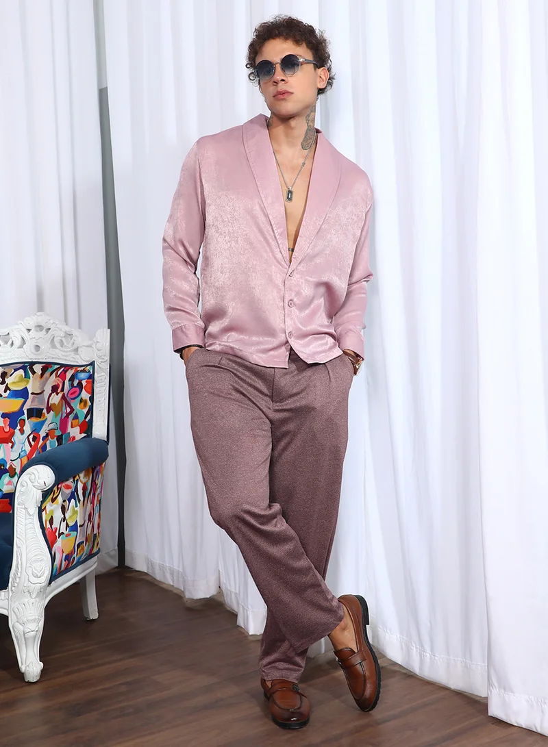 Campus Sutra Campus Sutra Men's Flamingo Pink Shawl Collar Shirt For Casual Wear | Shawl Collar | Long Sleeve | Button Closure | Shirt Crafted With Comfort Fit For Everyday Wear