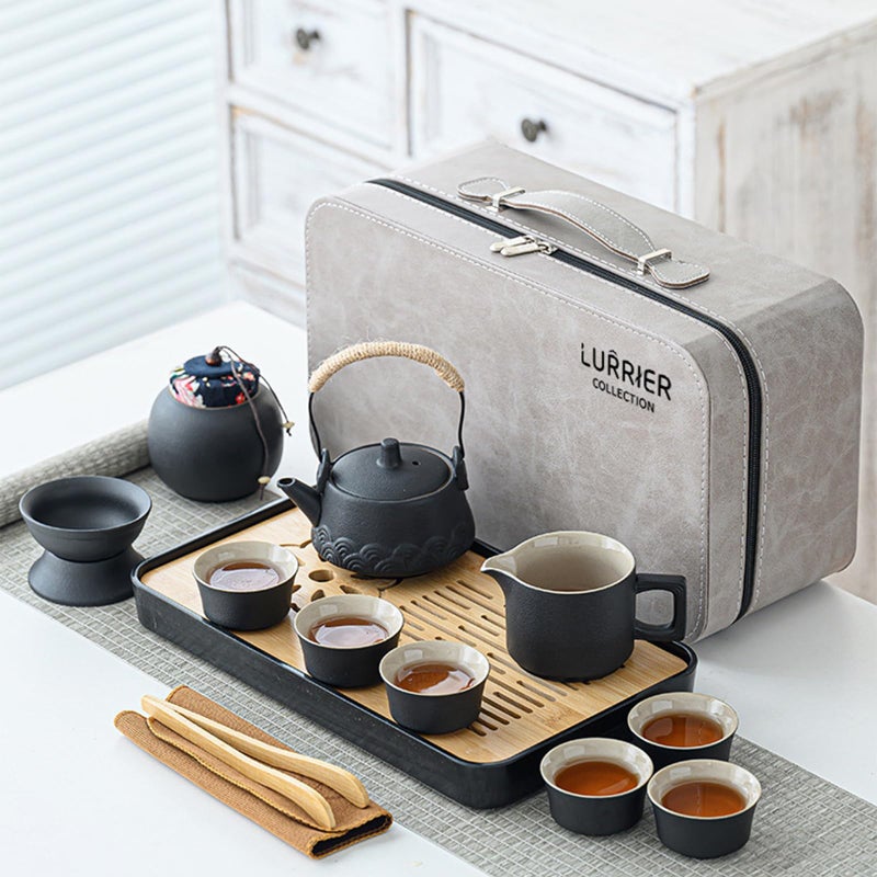 LURRIER Gongfu tea sets, Portable Ceramic TeaSet, Asian Tea sets for adult, Tea Gift sets, Grey leather case, Portable Travel Bag,Home,Gifting,Outdoor and Office(Black) - Image 1