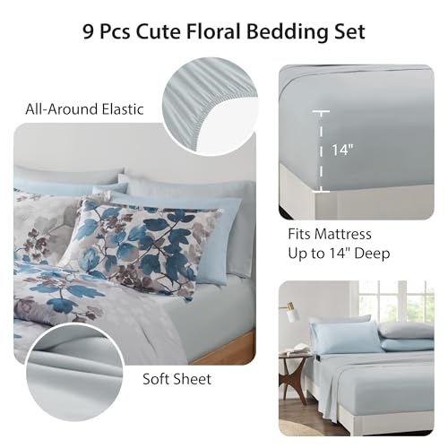 Regency Heights King Comforter Set Blue Bed Set, 9 Pieces Cute Floral Bedding Set Ultra Soft Botanical Flowers Comforter, Sheets, Pillowcases & Shams - Image 4