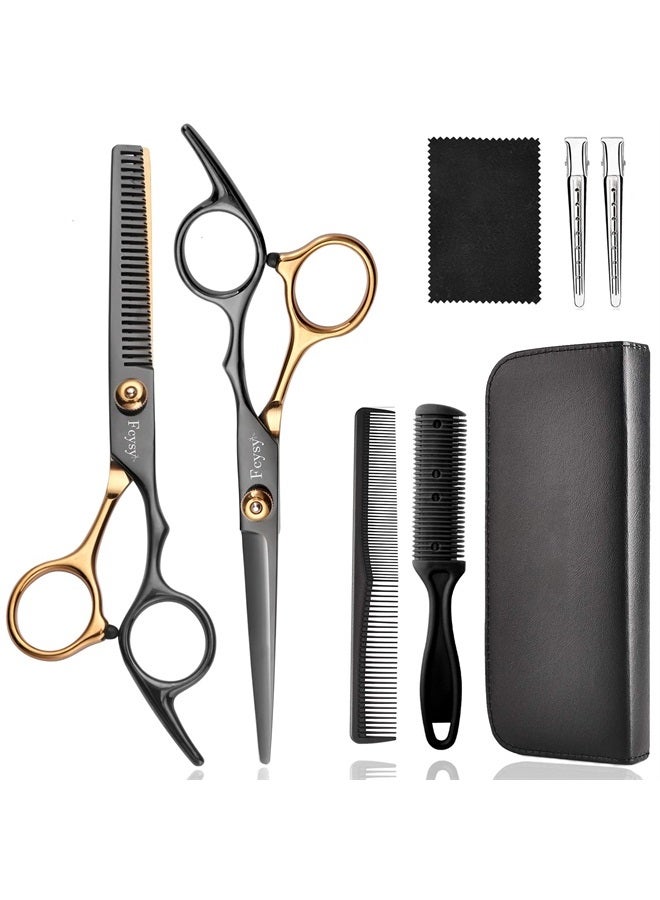 Fcysy طقم مقصات قص الشعر، مجموعة مقصات حلاق محترف Fcysy مع مقصات قص الشعر ومقصات تخفيف الشعر، مقصات لقص الشعر لمزج قصات الشعر في صالون للرجال والنساء والحيوانات الأليفة - Image 1