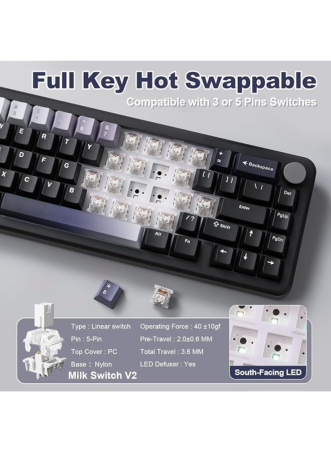 YUNZII B68 Wireless Mechanical Keyboard Tri Mode Bt5.0/2.4Ghz/Usb C Hot Swappable Gasket Creamy Rgb Backlit Nkro Cute For Win/Mac (Black Milk Linear V2 Switch)  - Image 5
