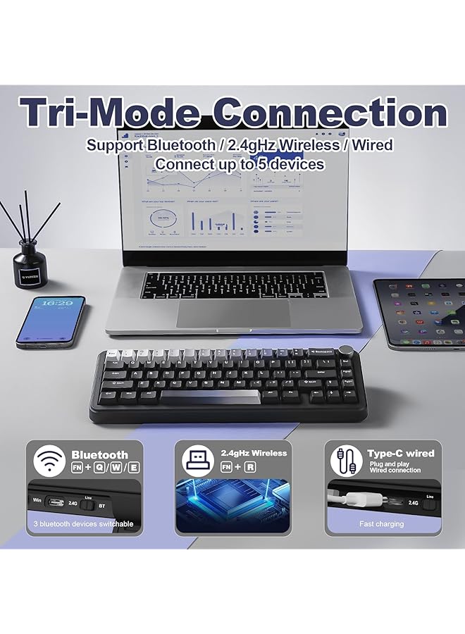 YUNZII B68 Wireless Mechanical Keyboard Tri Mode Bt5.0/2.4Ghz/Usb C Hot Swappable Gasket Creamy Rgb Backlit Nkro Cute For Win/Mac (Black Milk Linear V2 Switch)  - Image 3