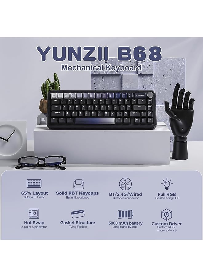 YUNZII B68 Wireless Mechanical Keyboard Tri Mode Bt5.0/2.4Ghz/Usb C Hot Swappable Gasket Creamy Rgb Backlit Nkro Cute For Win/Mac (Black Milk Linear V2 Switch)  - Image 2