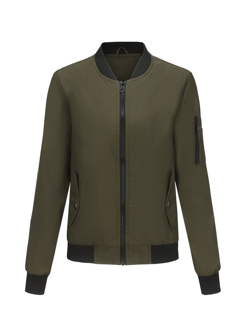 Loquat 2023 Women's Spring and Autumn New Thin Flight Jacket Loose Standing Neck Baseball Jersey Army Green  - Image 1