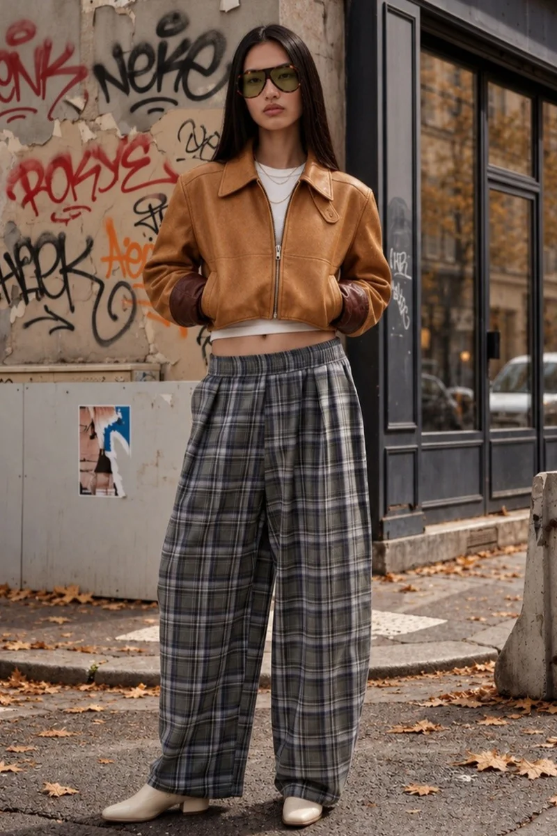 هيكاب Elastic Waist Pocket Detail Plaid Pants