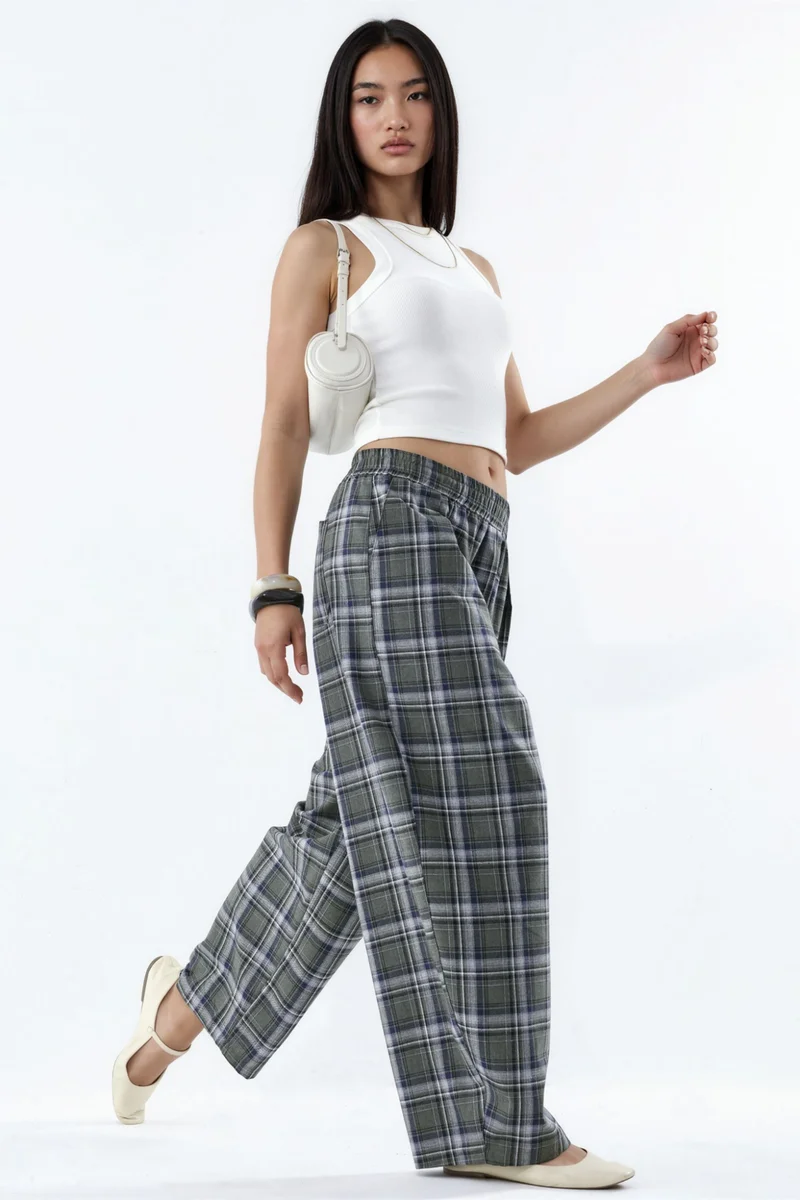 هيكاب Elastic Waist Pocket Detail Plaid Pants