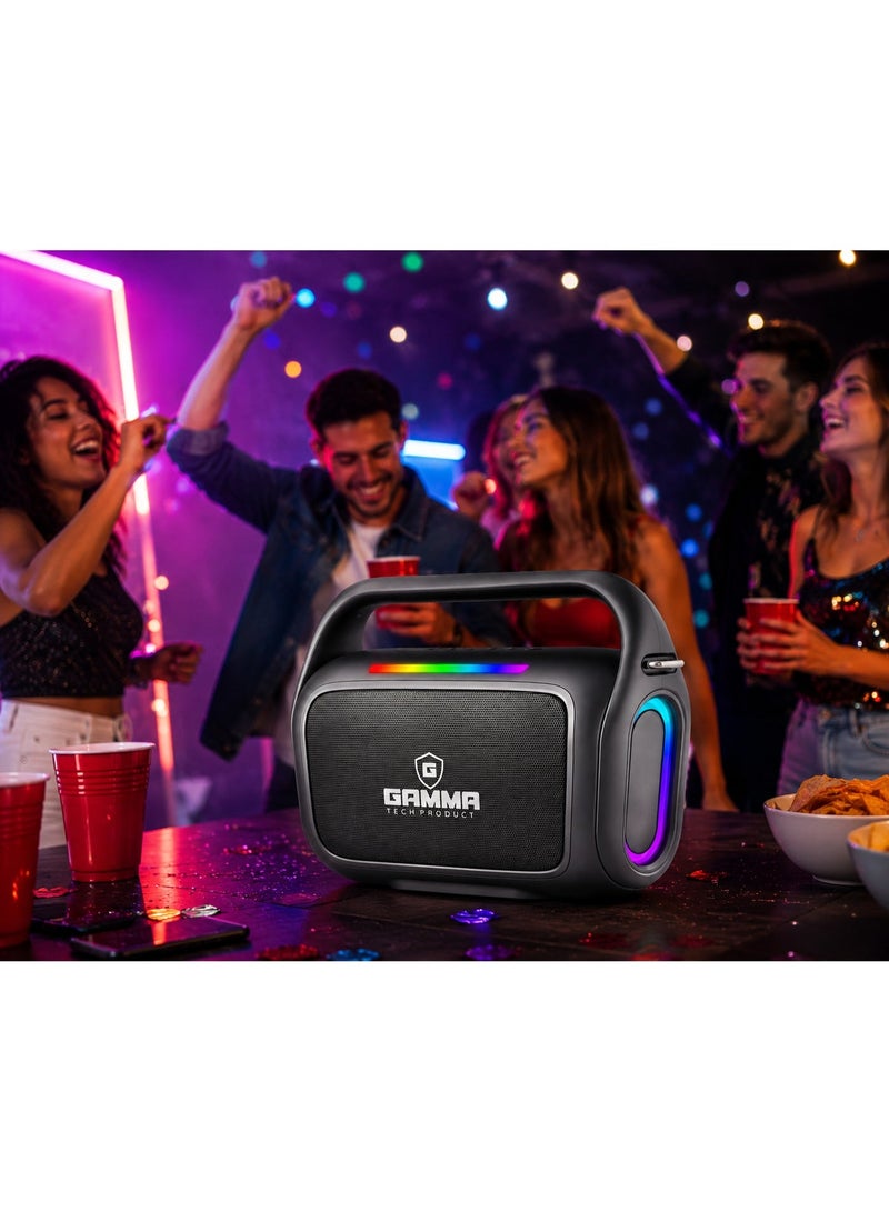 Gamma GT-719 Portable Wireless Speaker – Powerful Stereo Sound with15W Speakers, Dynamic RGB Lighting Effects, Bluetooth Wireless Audio Streaming, USB, TF Card  Playback Support, Built-in 1800mAh Rechargeable, Durable ABS Construction, Convenient Carry Handle, Ideal for Home, Travel, Outdoor Parties & Everyday Entertainment – Black - Image 3