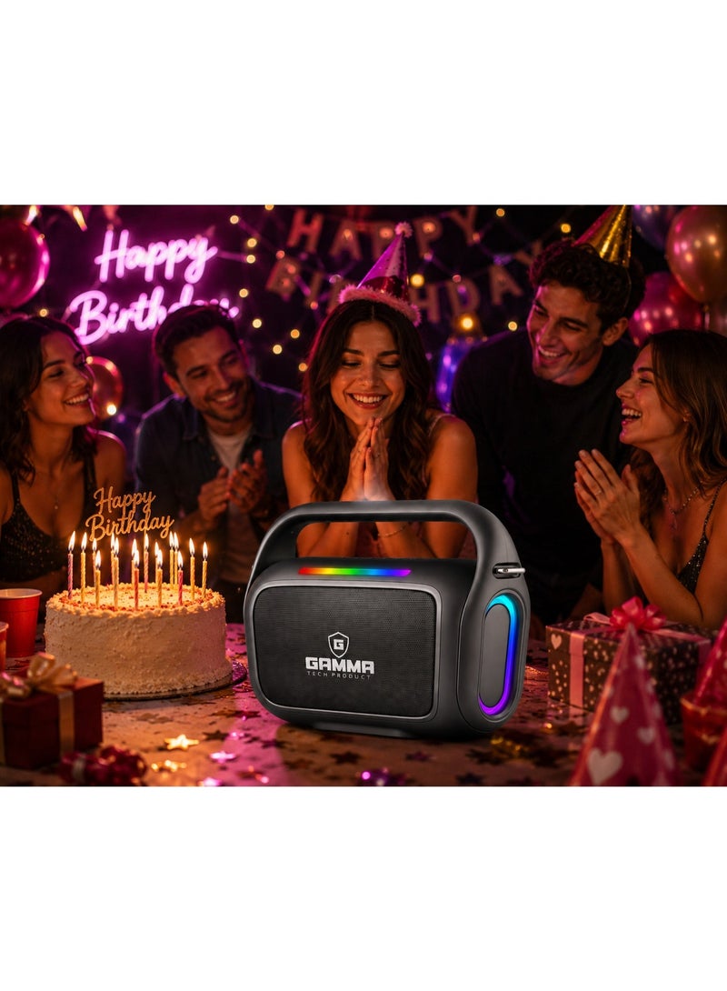 Gamma GT-719 Portable Wireless Speaker – Powerful Stereo Sound with15W Speakers, Dynamic RGB Lighting Effects, Bluetooth Wireless Audio Streaming, USB, TF Card  Playback Support, Built-in 1800mAh Rechargeable, Durable ABS Construction, Convenient Carry Handle, Ideal for Home, Travel, Outdoor Parties & Everyday Entertainment – Black - Image 2