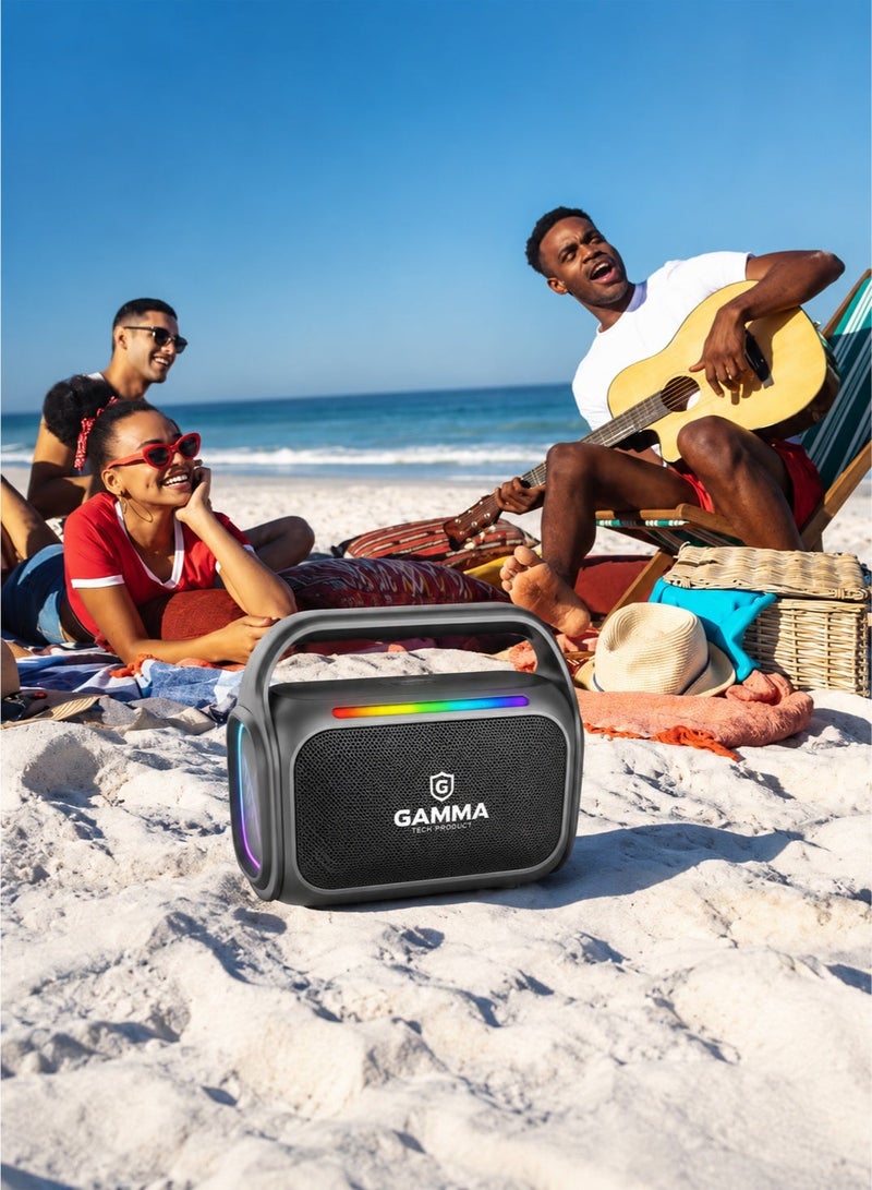 Gamma GT-719 Portable Wireless Speaker – Powerful Stereo Sound with15W Speakers, Dynamic RGB Lighting Effects, Bluetooth Wireless Audio Streaming, USB, TF Card  Playback Support, Built-in 1800mAh Rechargeable, Durable ABS Construction, Convenient Carry Handle, Ideal for Home, Travel, Outdoor Parties & Everyday Entertainment – Black - Image 4