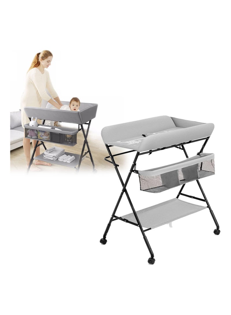 المفرج طاولة تغيير حفاضات محمولة مع عجلات، قابلة للطي للأطفال الرضع، مقاومة للماء، منظم محمول لمستلزمات الأطفال حديثي الولادة - Image 1