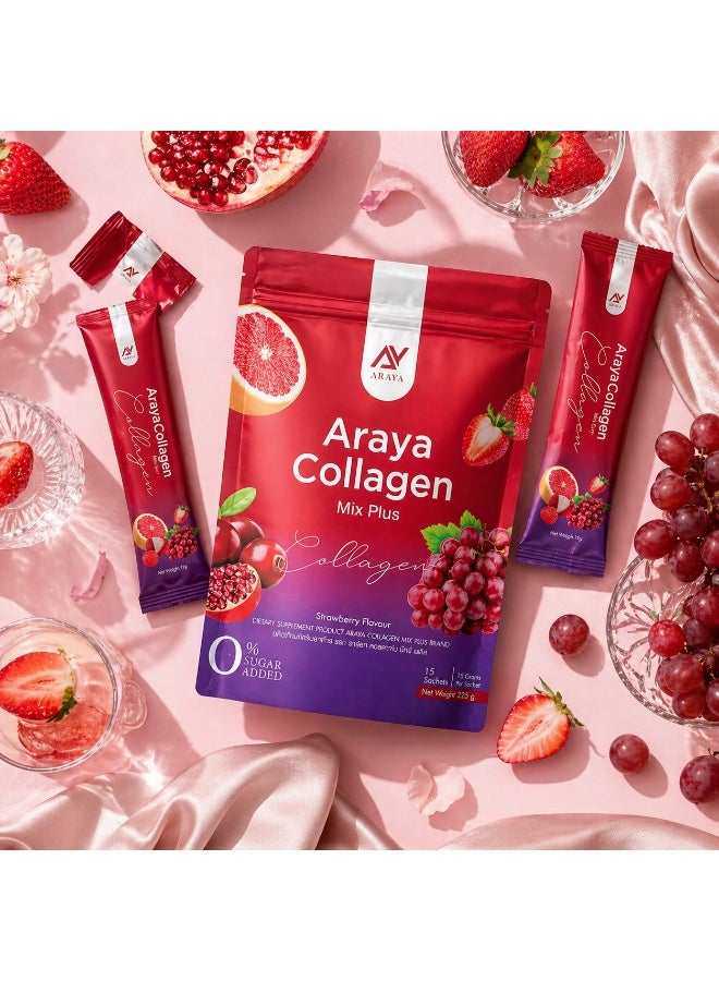 Aryaa Araya Collagen Mix Plus Drink 0% Sugar Added Strawberry Flavour 15 Sachets x 15g Skin Hydration Beauty Supplement Powder Pack - Image 5
