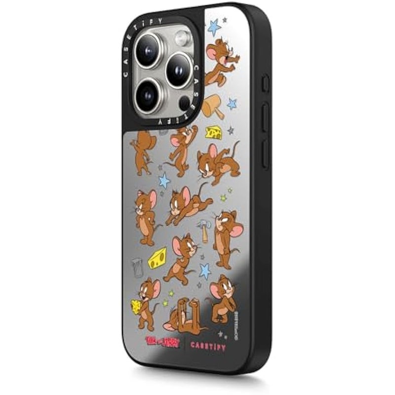 Casetify Mirror Case for iPhone 15 Pro 【Tom and Jerry Colab/Reflective / 4.9ft Drop Protection/Compatible with Magsafe】 - Jerry Pattern - Silver on Black - Image 4
