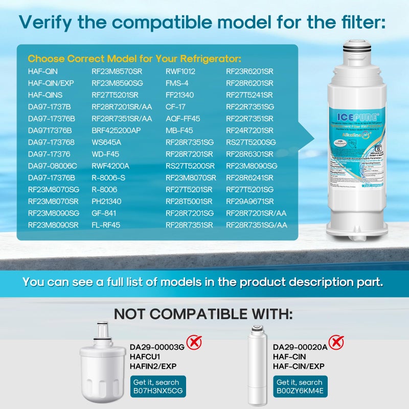 ICEPURE Alkaline DA97-17376B Refrigerator Water Filter Replacement for Samsung HAF-QIN/EXP, DA97-08006C, WD-F45, WS645A RS27T5200SR RS22T5201SR RF28R7201SR RF32CG5400SR RF23M8070SG, Enhances PH, 3Pack - Image 2