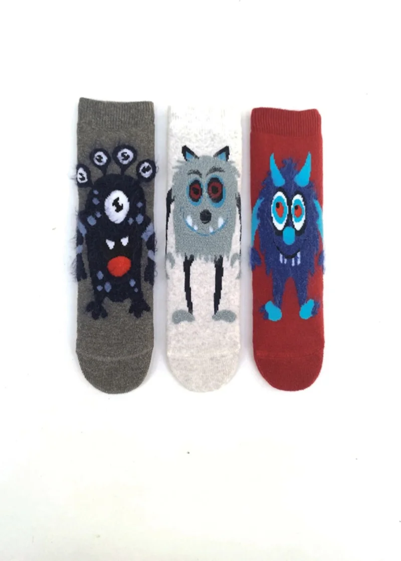 ميم سوكس 3-Piece Fringed Monster Patterned Anti-Slip Towel Children's Socks