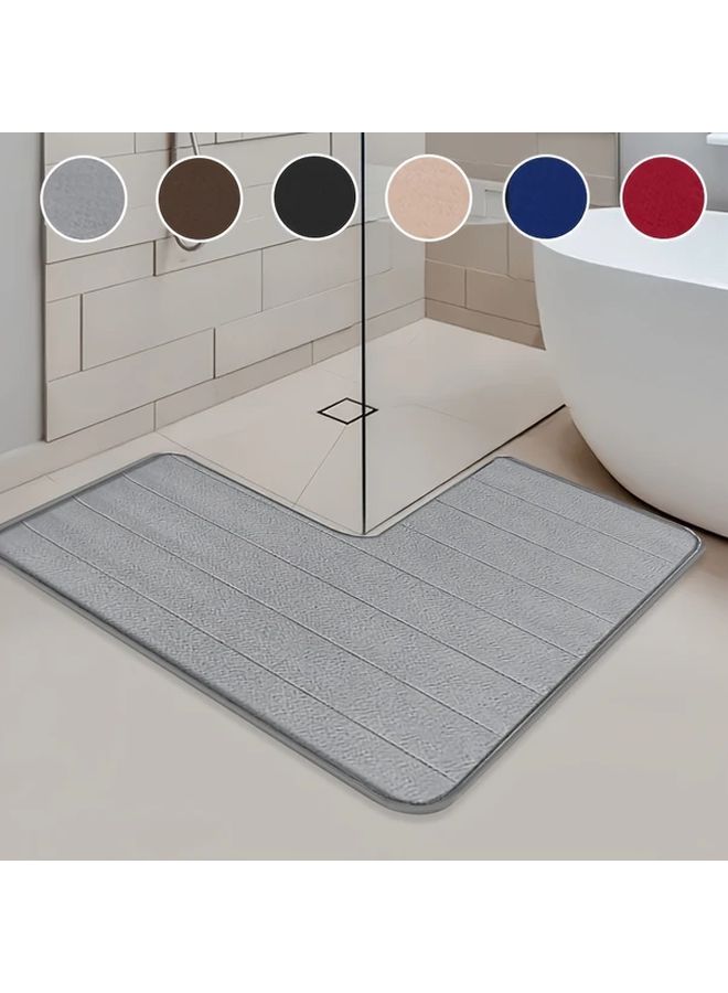 Ultra Absorbent L Shaped Bath Mat Non Slip Striped Grey 80x80cm 600gsm Machine Washable - Image 1