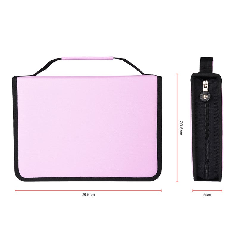 Large Capacity PU Leather Fabric Pencil Case Zipper Pen Bag Long Handle (Pink) - Image 3