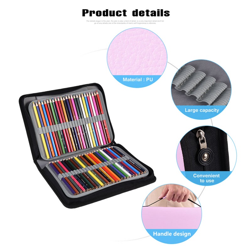 Large Capacity PU Leather Fabric Pencil Case Zipper Pen Bag Long Handle (Pink) - Image 4